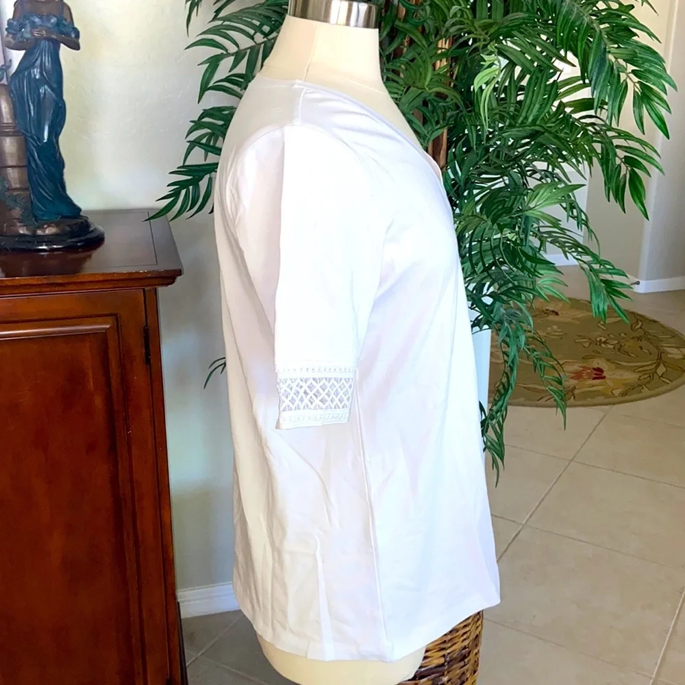 Susan Graver Weekend Cotton Modal Elbow Sleeve Top with Crochet Trim ~ White - Picture 2 of 7